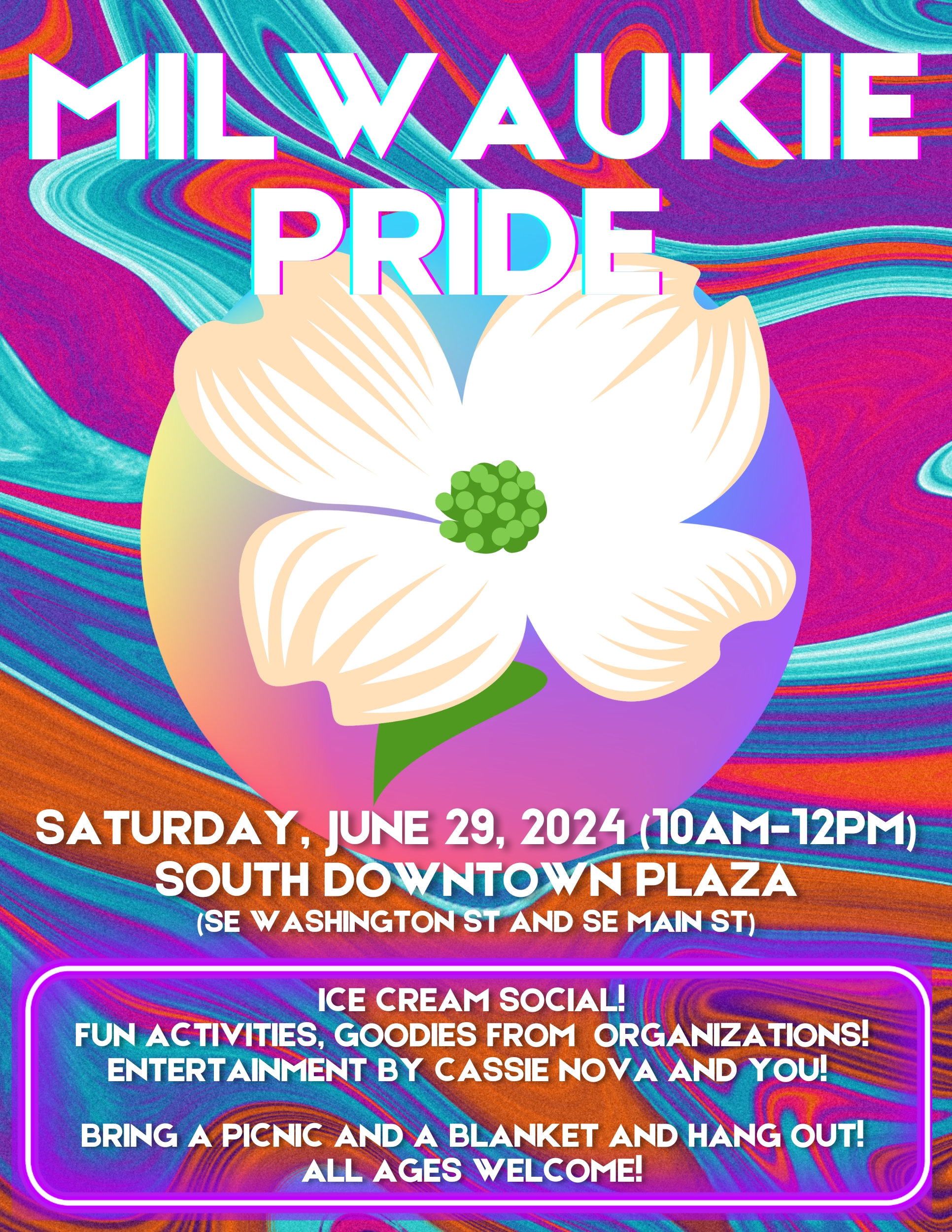 2024 Pride Poster featuring text over a multicolored background and a white dogwood (all information is contained on the page)
