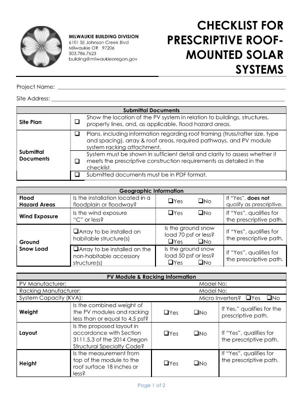 Solar Installation Form Prescriptive Install City Of Milwaukie Oregon Official Website