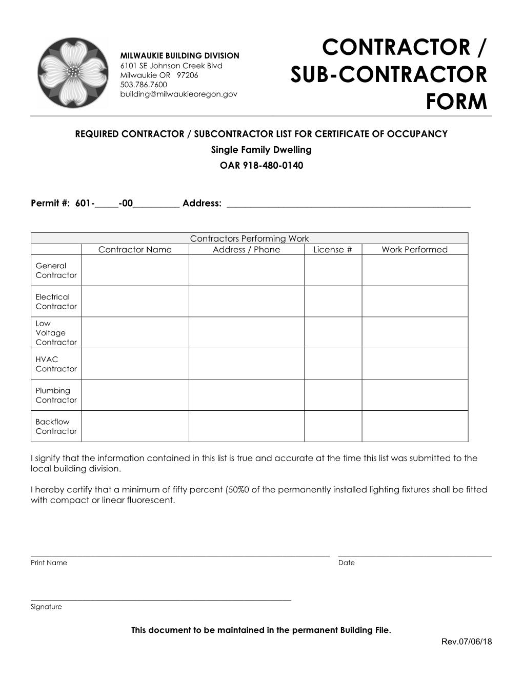 Sub-Contractor Form | City of Milwaukie Oregon Official Website