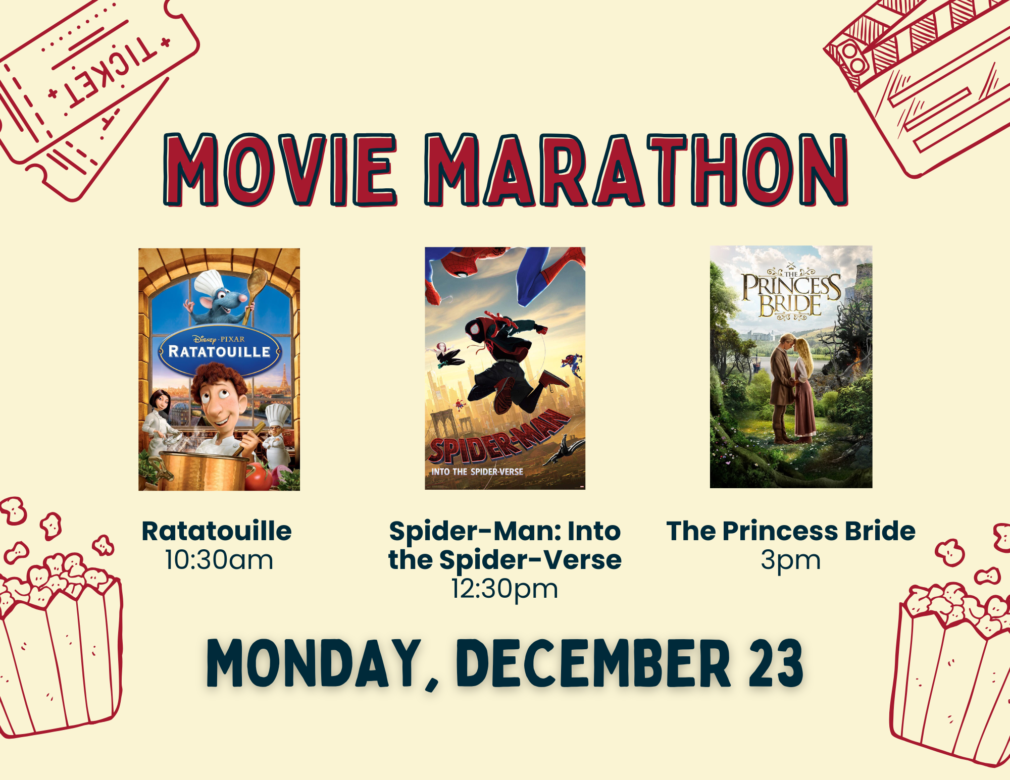 Movie Marathon: Monday, December 23 from 10:30am-4:30pm