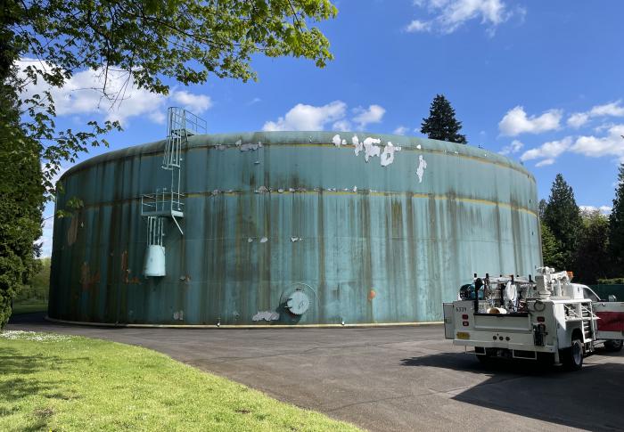 existing reservoir structure with work truck